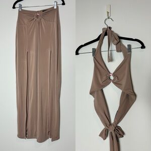 White Fox Two Piece Maxi Skirt Halter Crop Top Beige Vacation Set